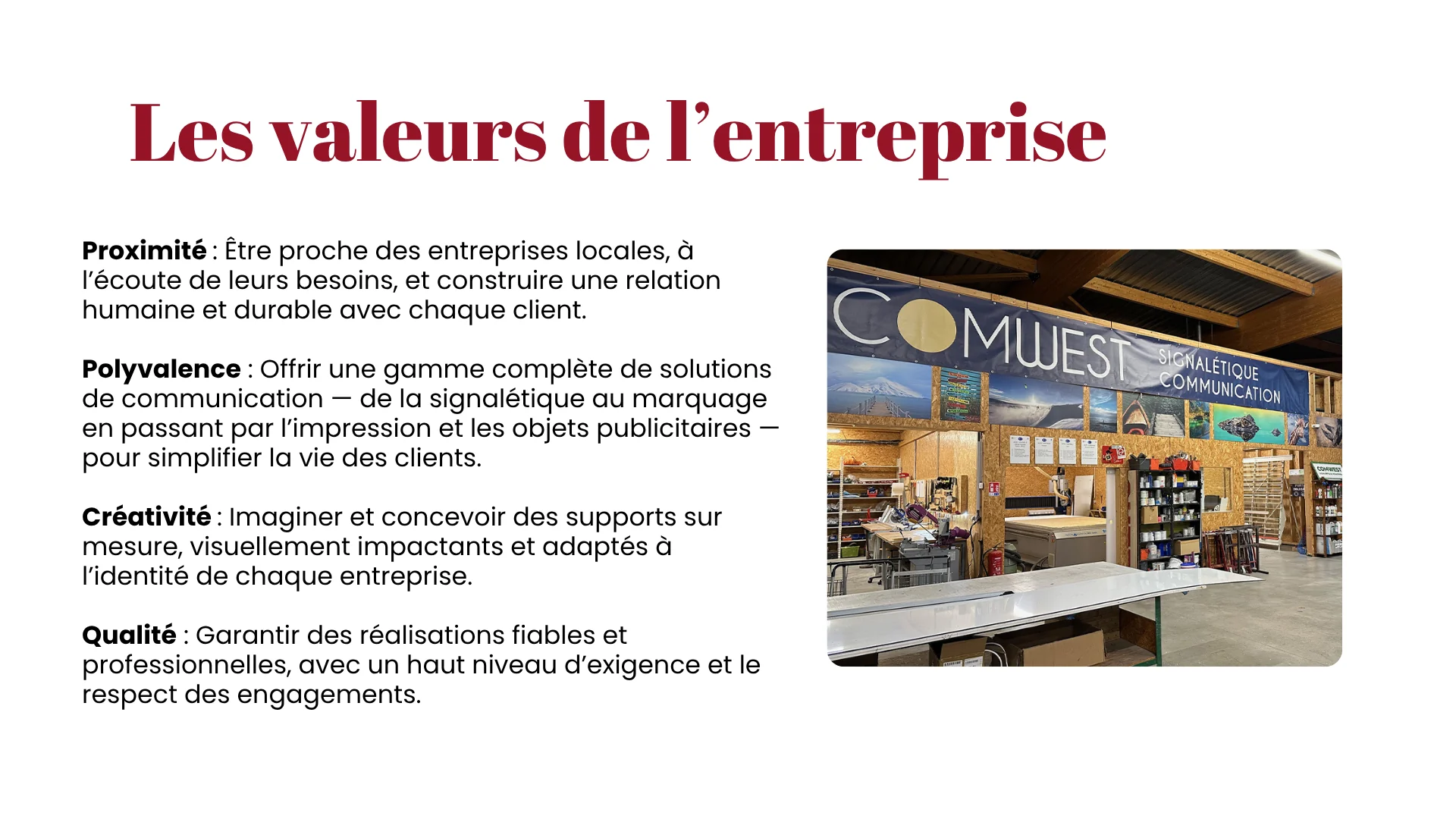 Planche de l’audit Comwest consacrée aux valeurs de la marque