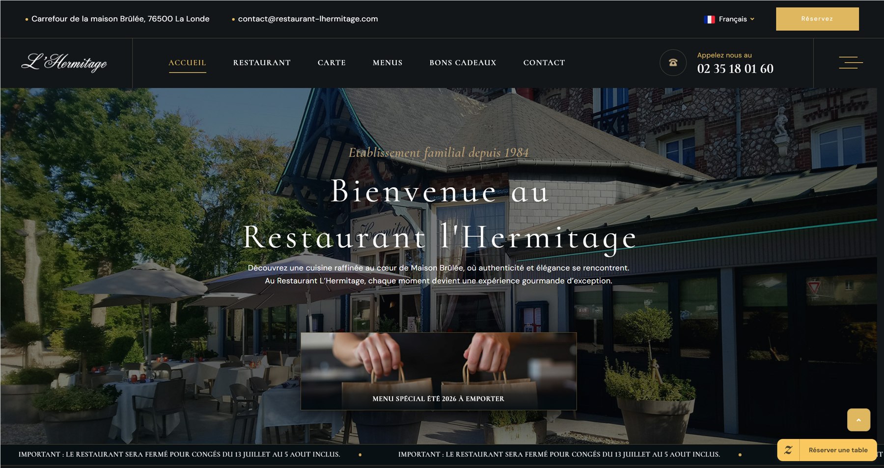 Page d'accueil du site du Restaurant L'Hermitage